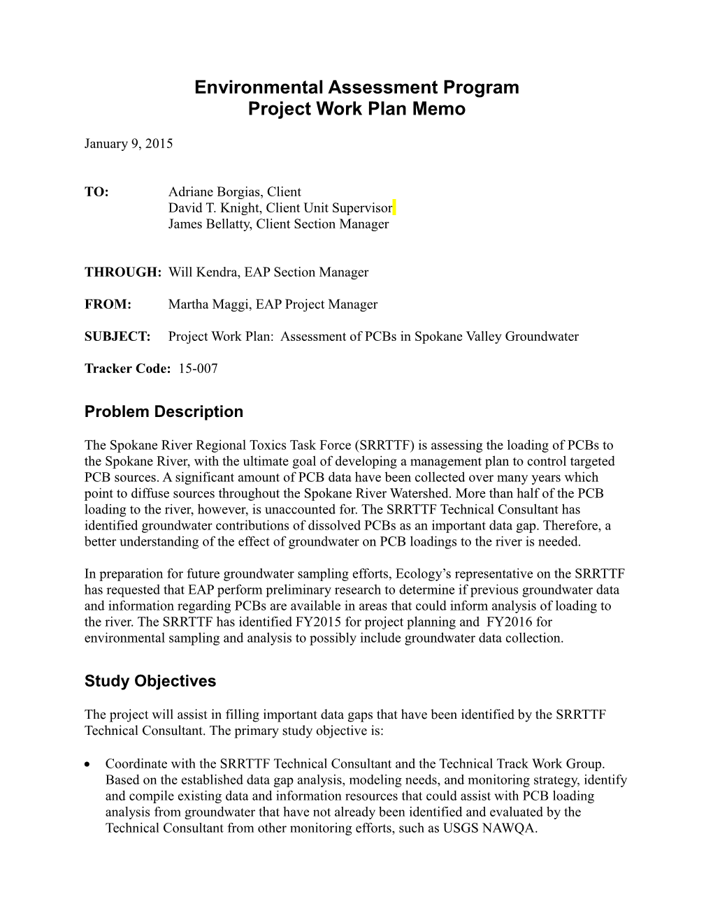 Project Work Plan: Assessment of Pcbs in Spokane Valley Groundwater