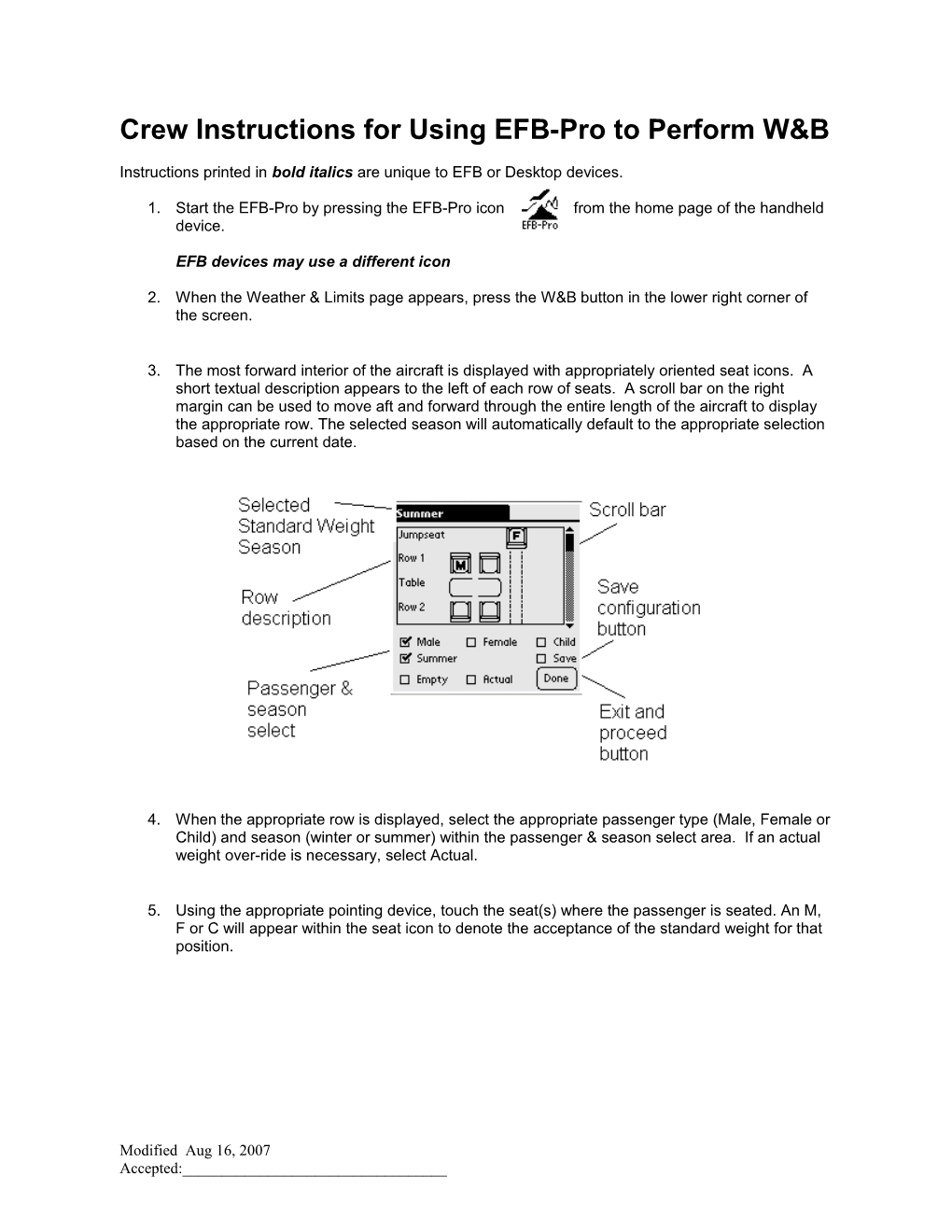 Crew Instructions for Using EFB-Pro to Perform W&B