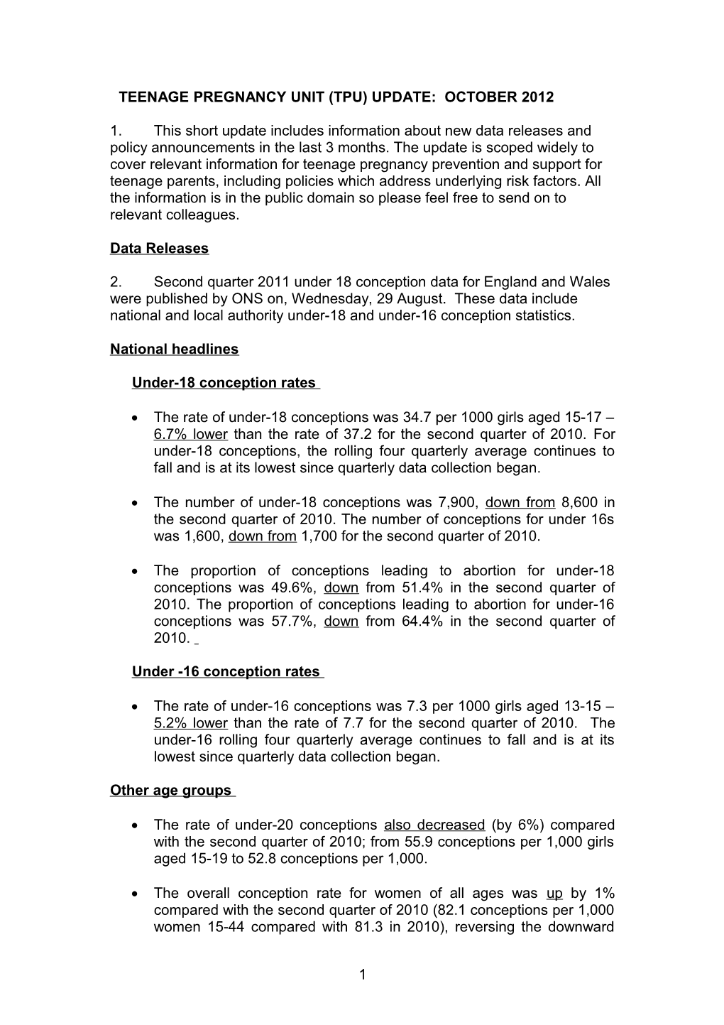 Teenage Pregnancy Unit (Tpu) Update: June 2011