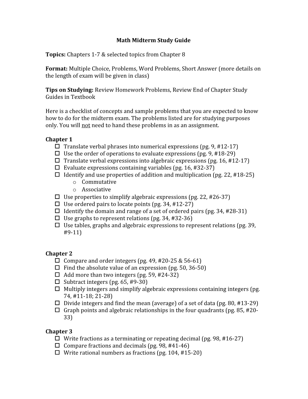 Math Midterm Study Guide