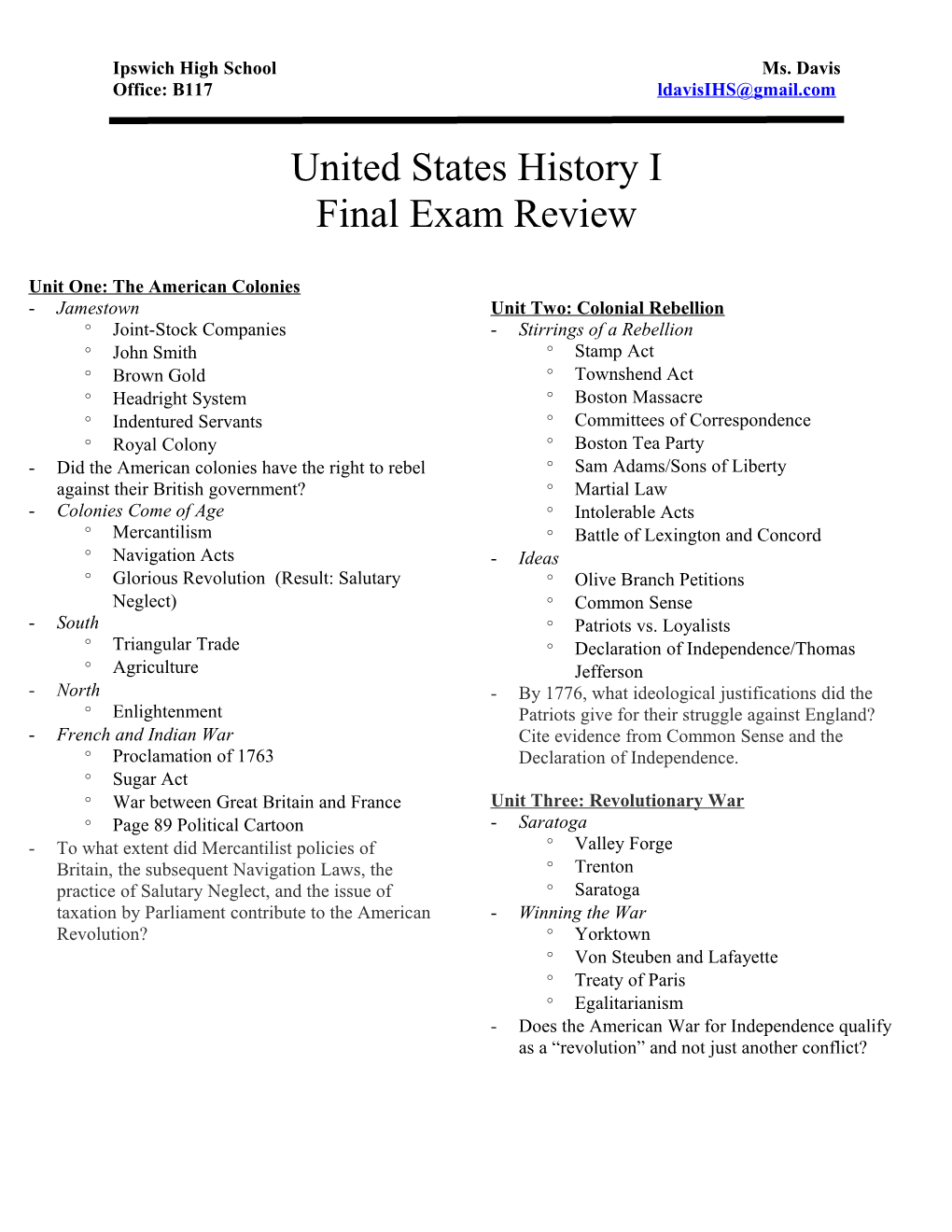 United States History Final Review