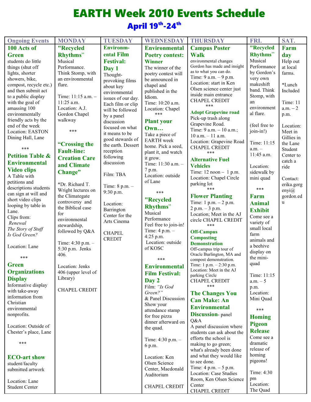 EARTH Week 2010 Events Schedule