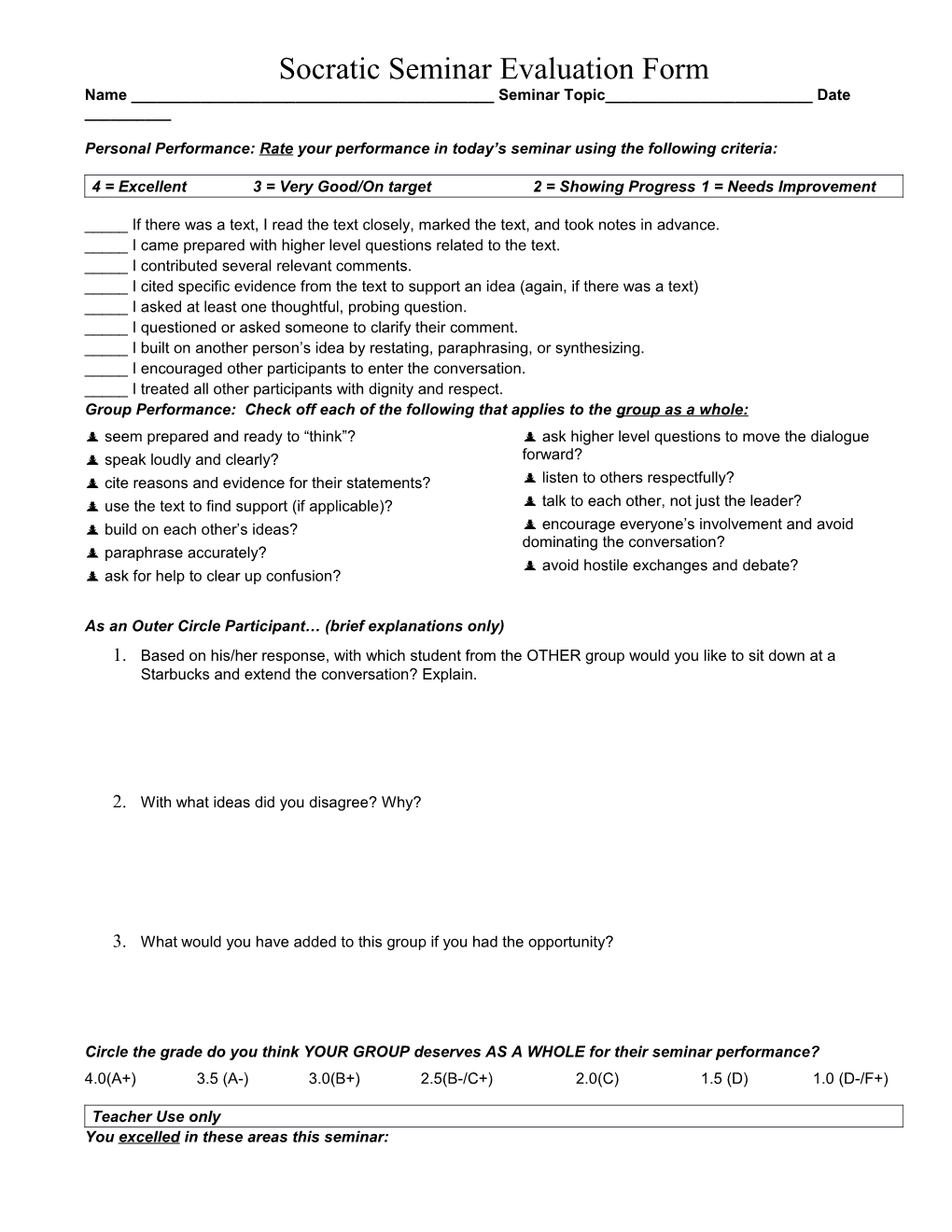 Personal Performance: Rate Your Performance in Today S Seminar Using the Following Criteria