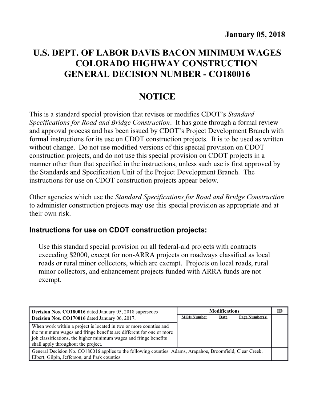 U.S. Dept. of Labor Davis Bacon Minimum Wages Colorado Highway Construction