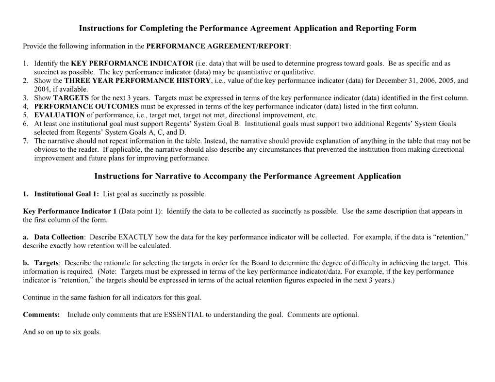 Instructions for Completing the Performance Agreement Application and Reporting Form