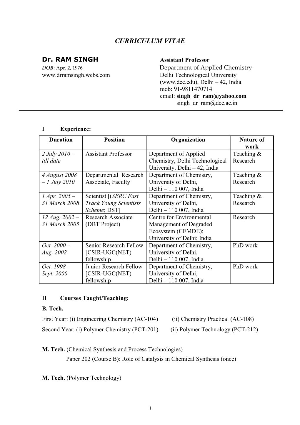 Dr. RAM SINGH Assistant Professor