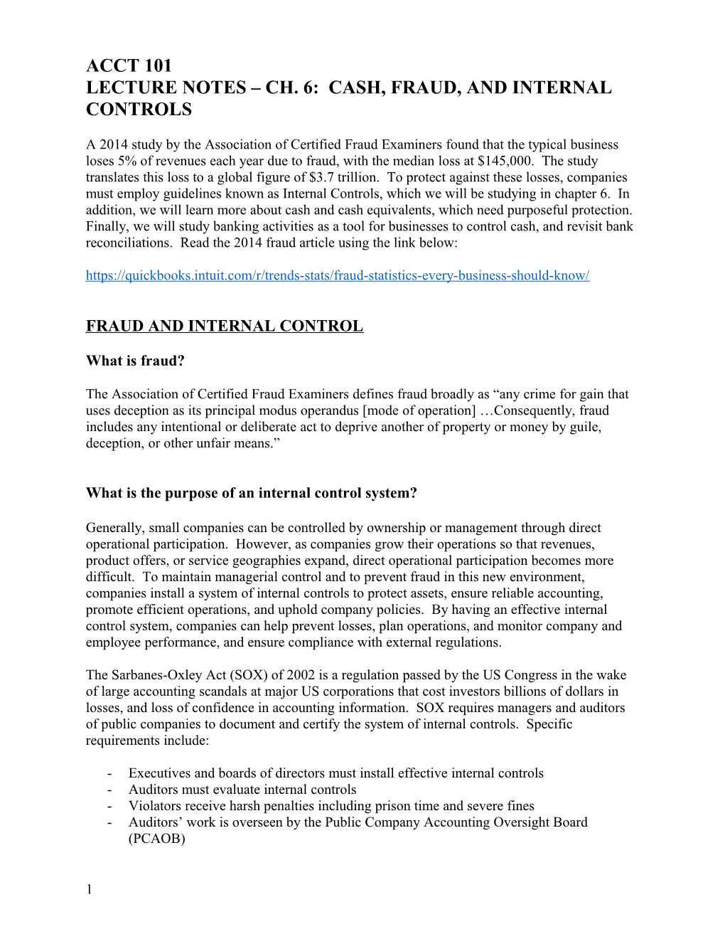 Lecture Notes Ch. 6: Cash, Fraud, and Internal Controls