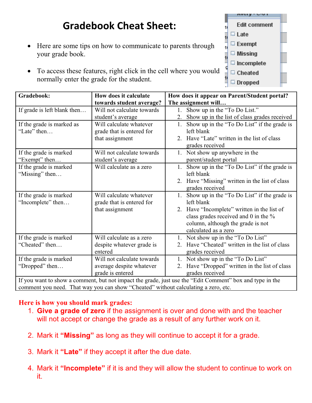 Grade Book Cheat Sheet