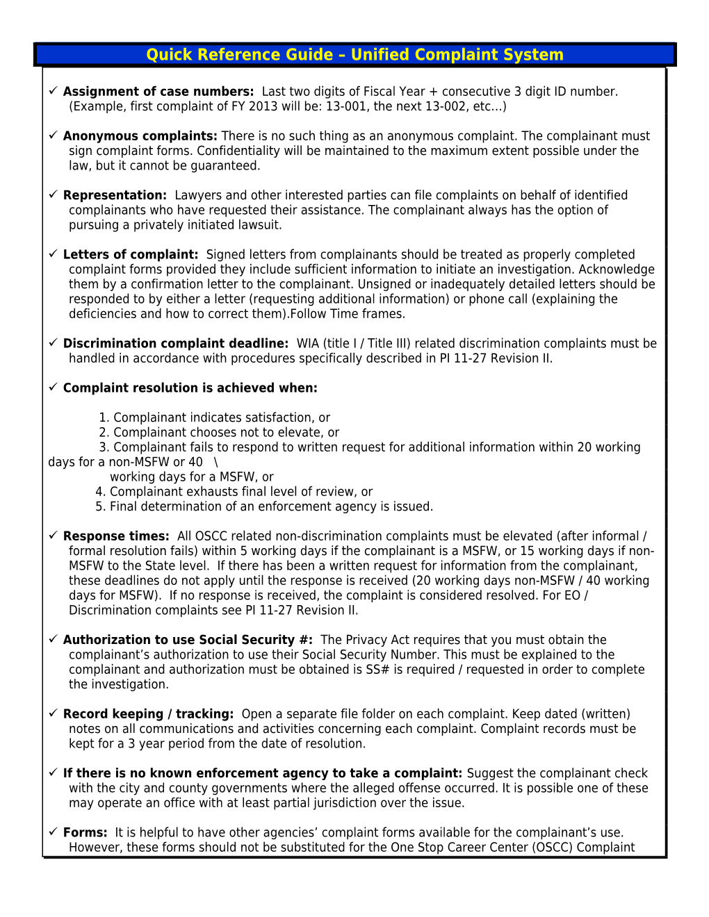 Quick Reference Guide Unified Complaint System