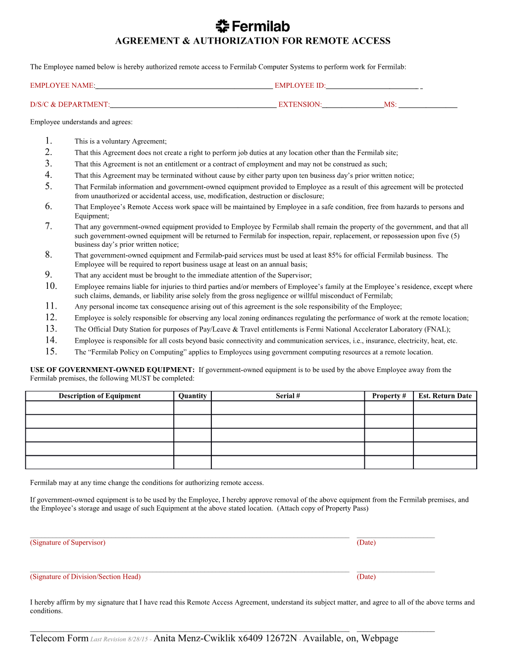 Agreement & Authorization for Remote Access