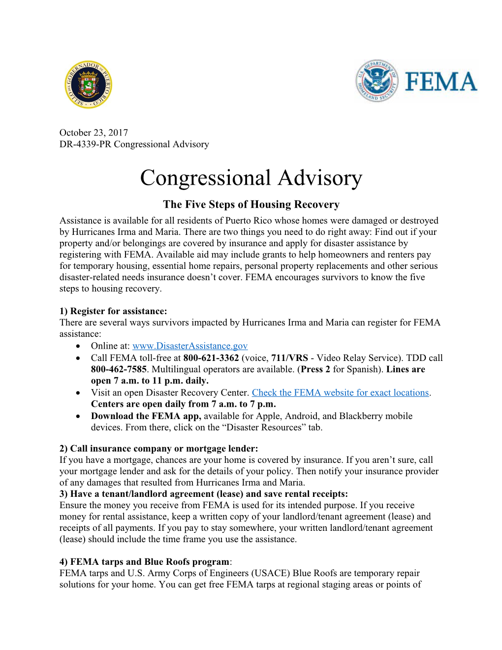 Congressional Advisory the Five Steps of Housing Recovery