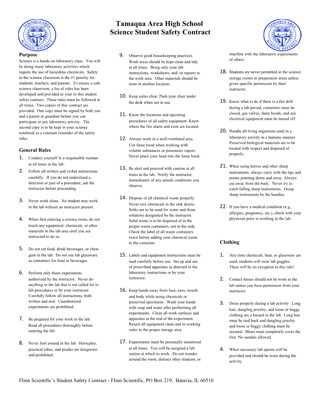 Science Student Safety Contract