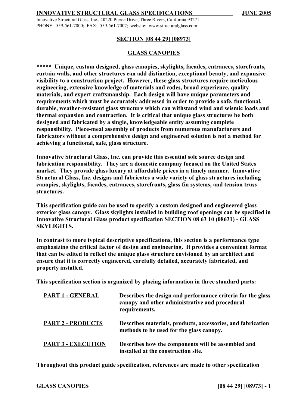 Innovative Structural Glass Specifications June 2005