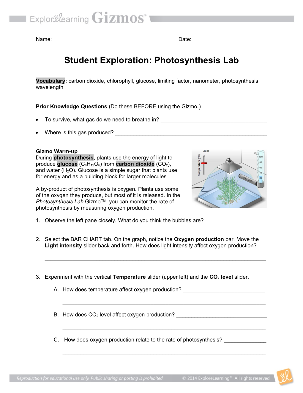 Student Exploration: Photosynthesis Lab