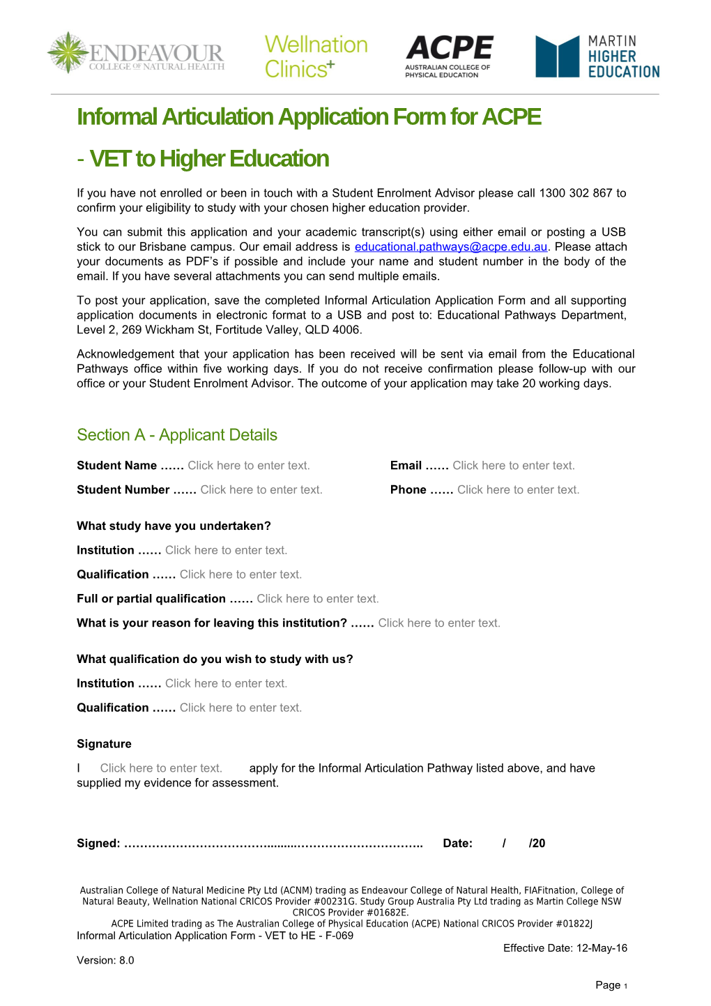 Informal Articulation Application Form - VET to HE