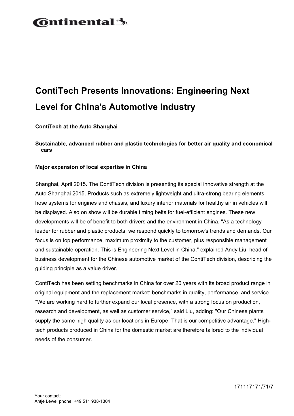 Contitech Presents Innovations: Engineering Next Level for China's Automotive Industry