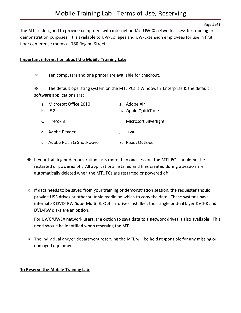 Mobile Training Lab - Terms of Use, Reserving