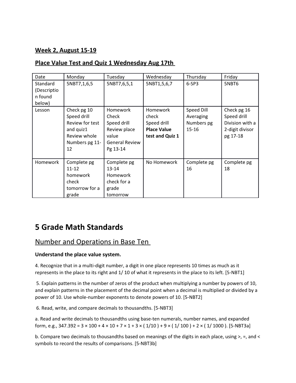 Place Value Test and Quiz 1 Wednesday Aug 17Th