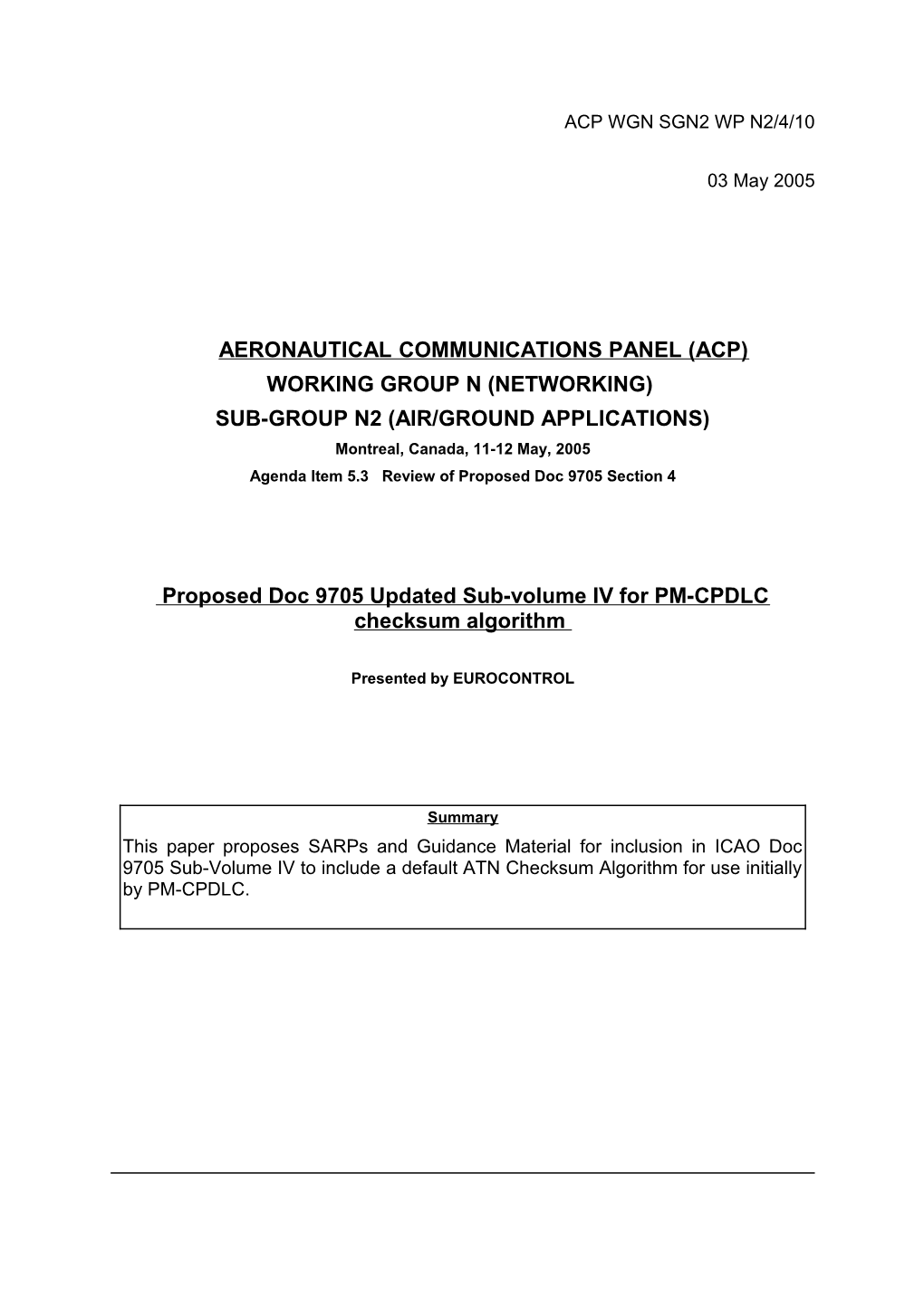 Proposed Doc. 9705 Updated Sub-Volume IV for PM-CPDLC Checksum Algorithm