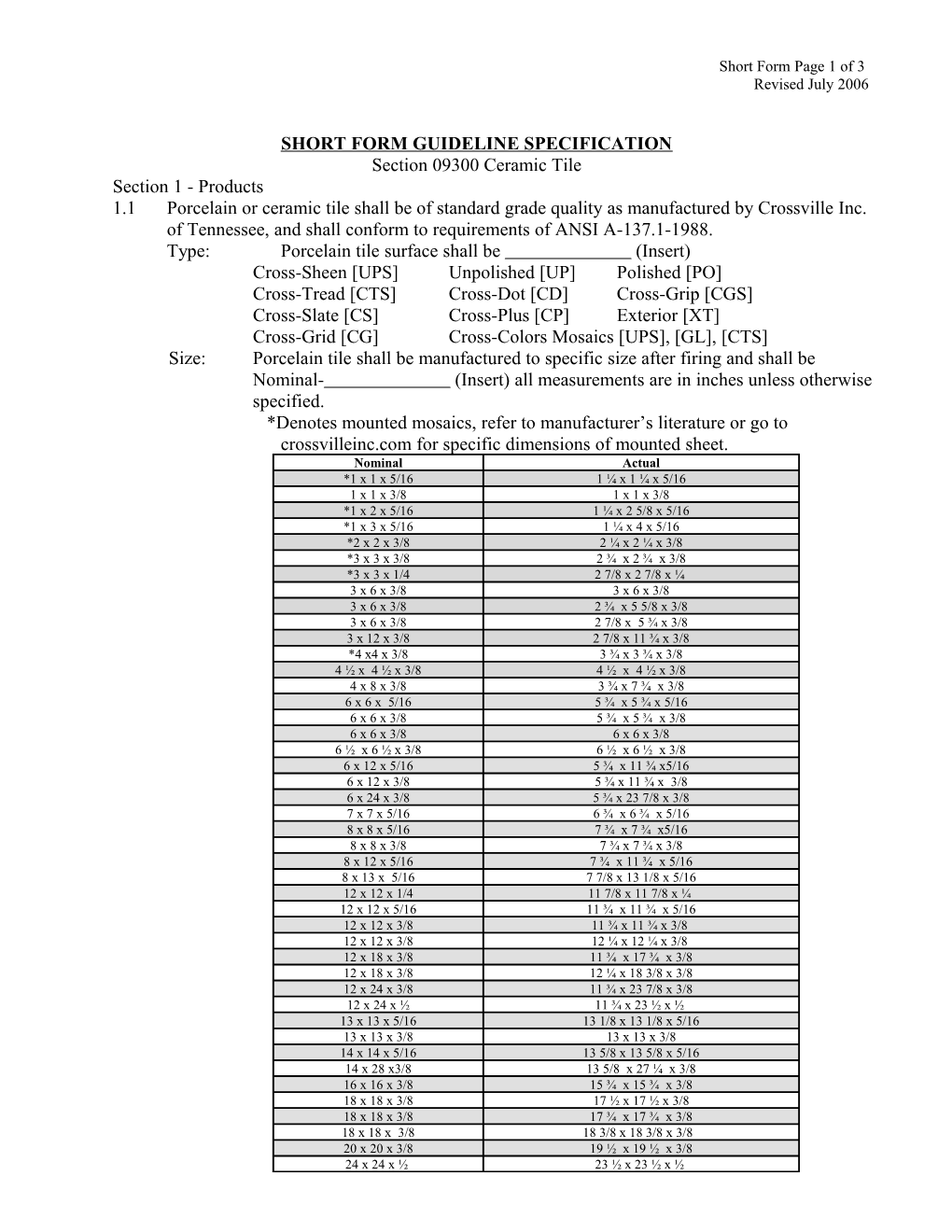 Short Form Guideline Specification