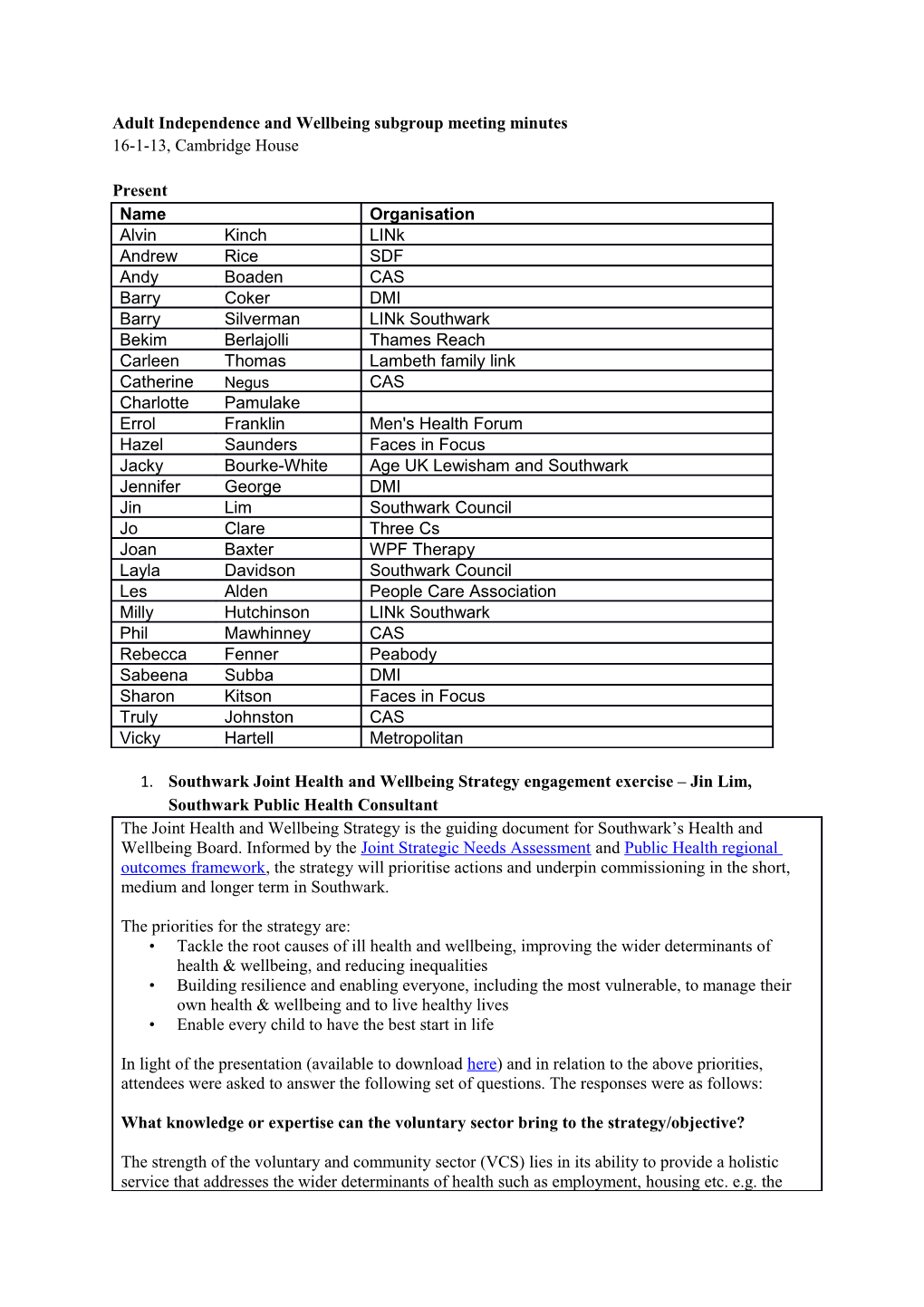 Adult Independence and Wellbeing Subgroup Meeting Minutes