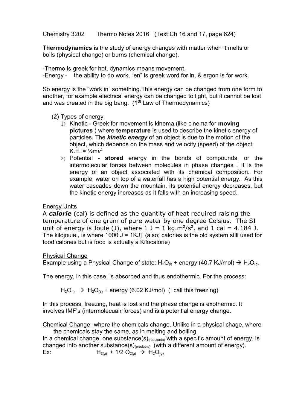 Chemistry 3202Thermo Notes 2016 (Text Ch 16 and 17, Page 624)