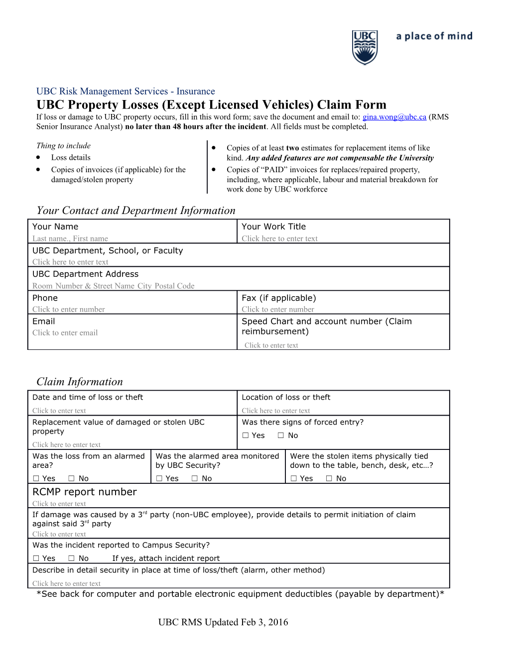 UBC Property Losses (Except Licensed Vehicles) Claim Form