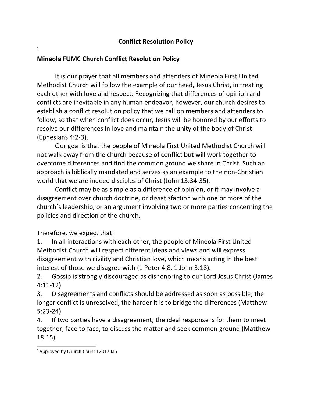 Mineola FUMC Church Conflict Resolution Policy