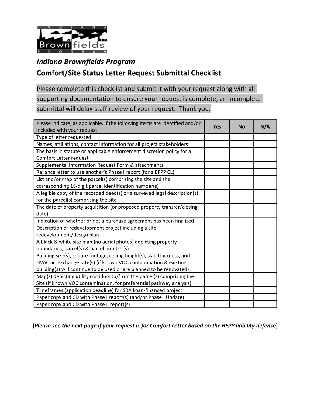 Comfort/Site Status Letter Request Submittal Checklist
