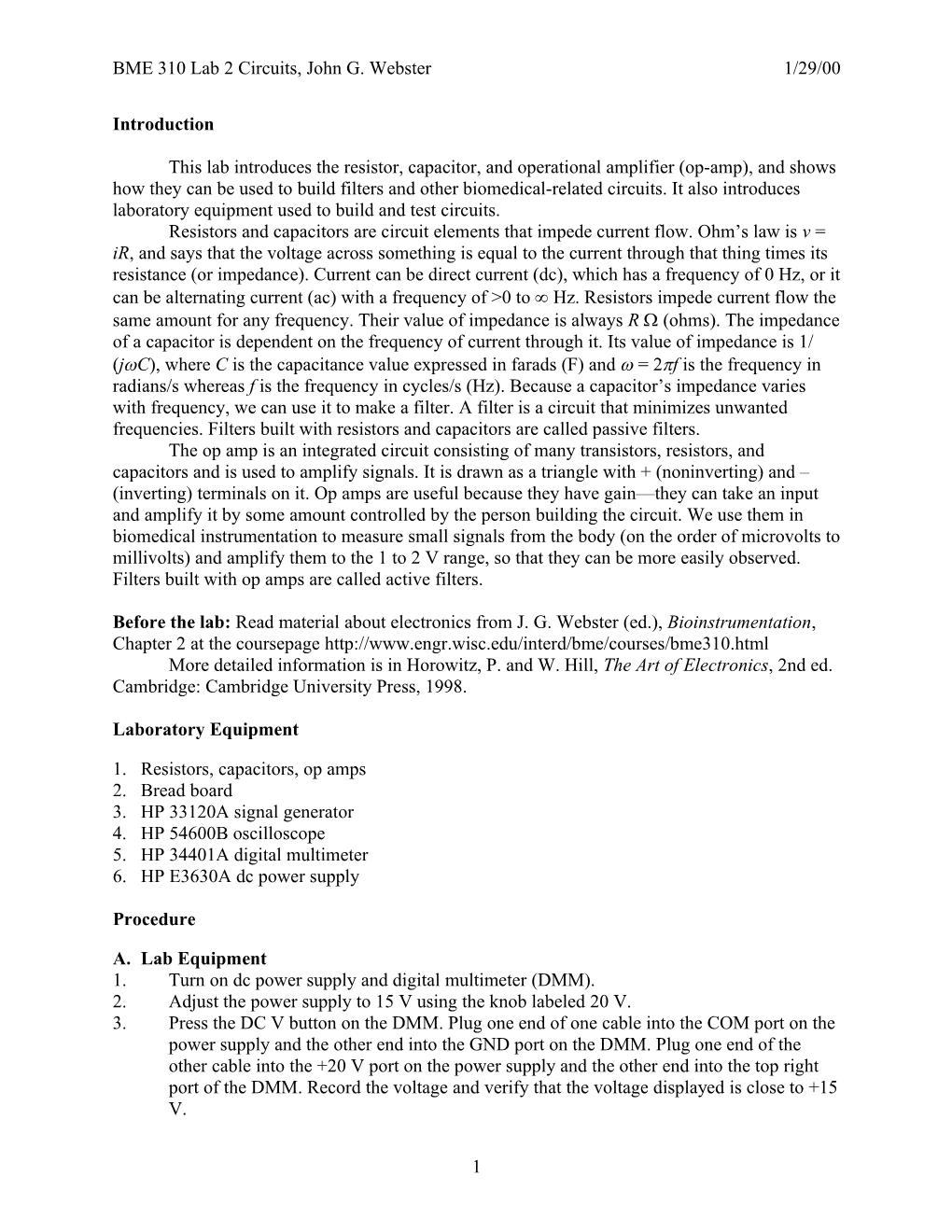 BME 310 Lab 2 Circuits, John G. Webster1/29/00