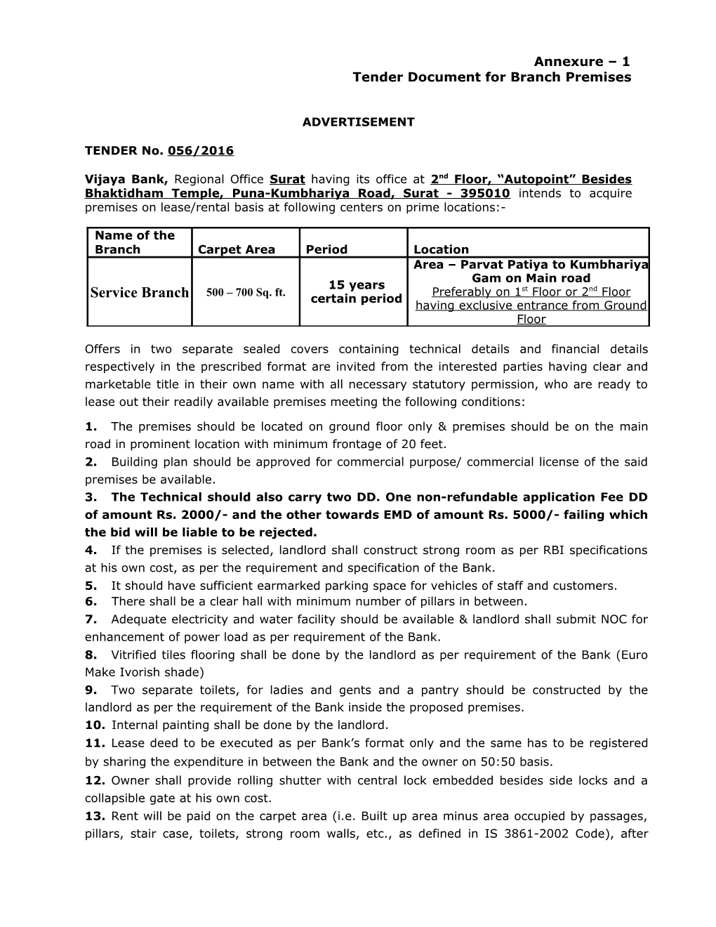 Tender Document for Branch Premises