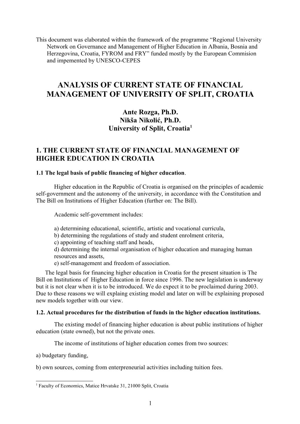 Analysis of Current State of Financial Management of University of Split, Croatia