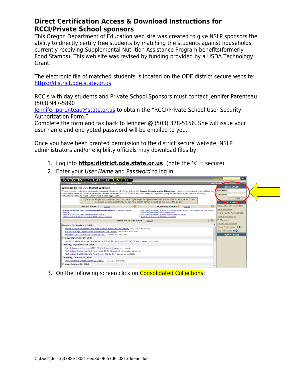 Direct Certification Access and Download Instructions August 2007