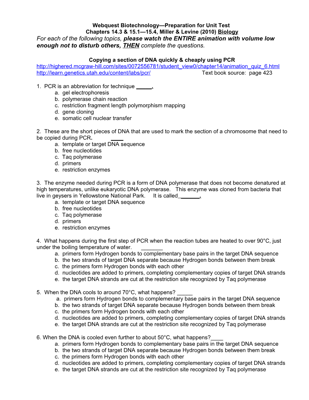 Webquest Biotechnology Preparation for Unit Test