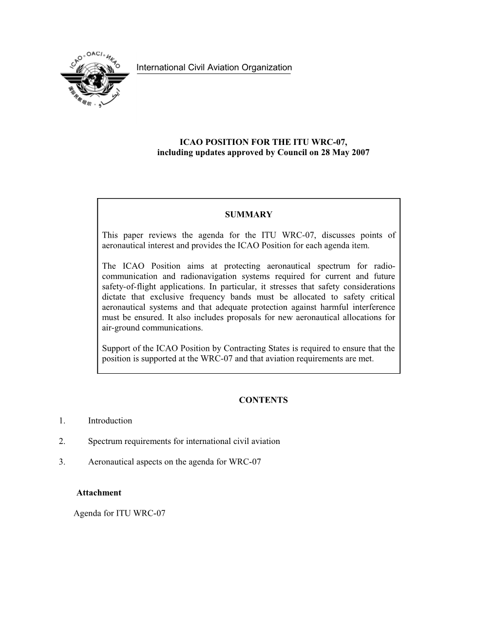 ICAO Position for the ITU WRC-07, As Approved by Council on 28 May 2007