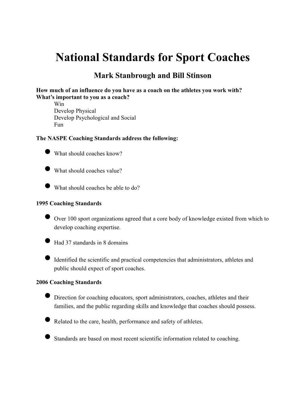 National Standards for Sport Coaches