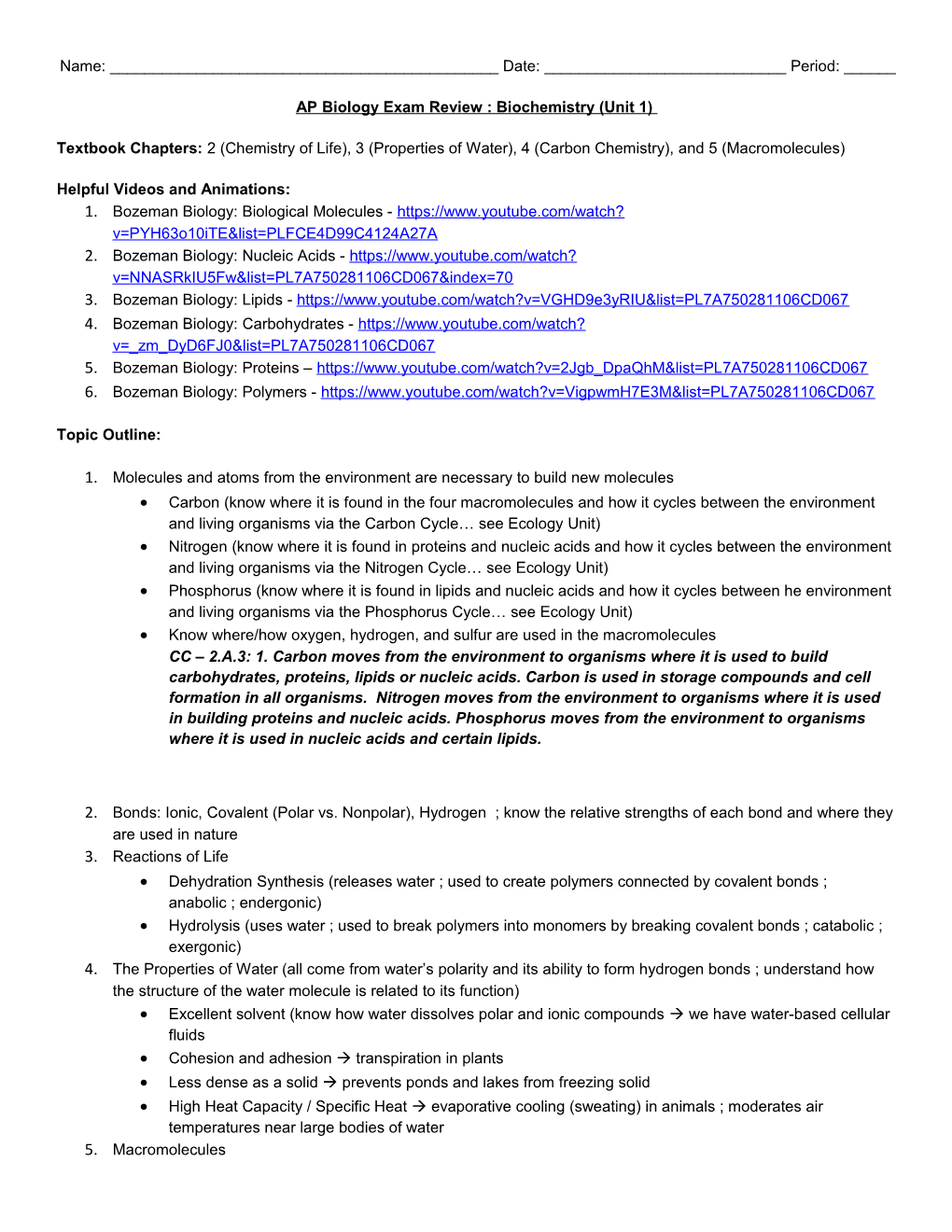 AP Biology Exam Review : Biochemistry (Unit 1)