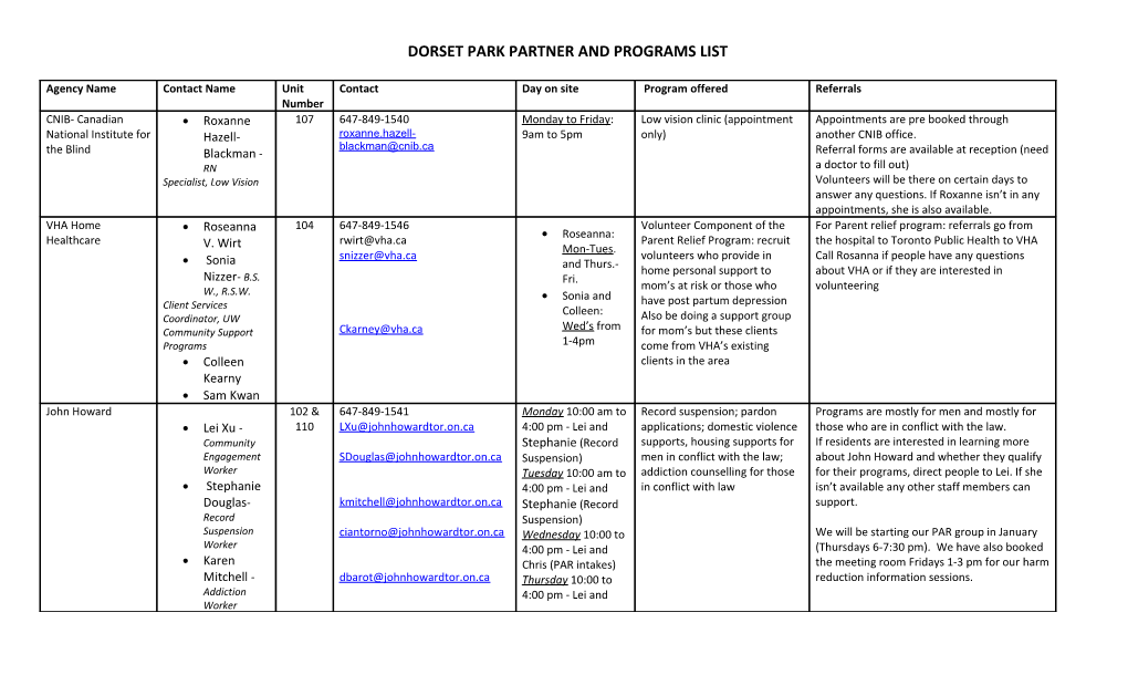 Dorset Park Partner and Programs List