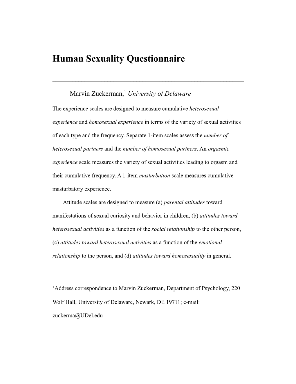 Human Sexuality Questionnaire