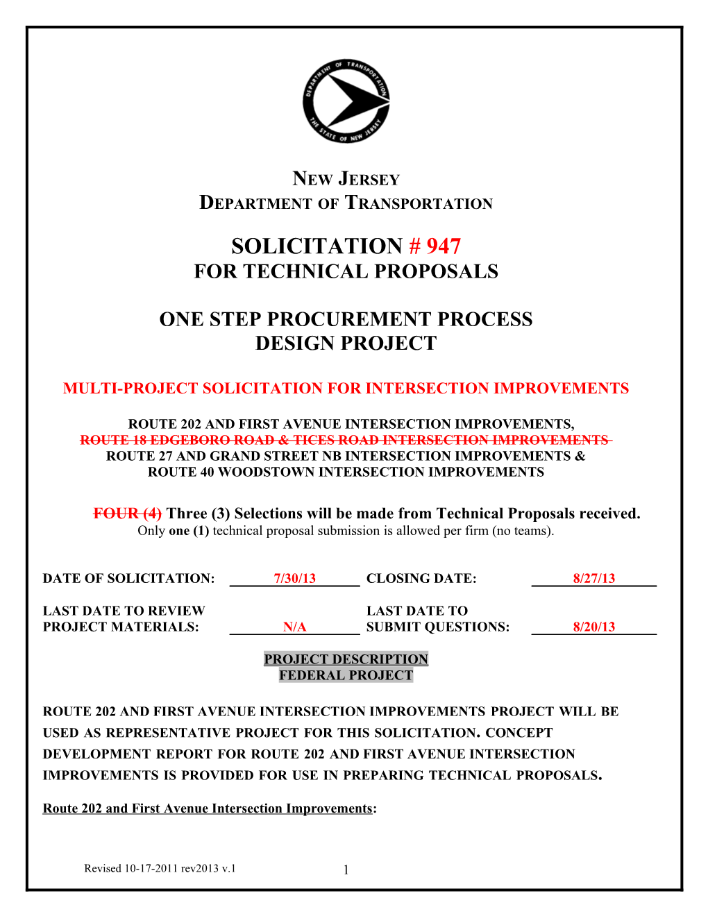Solicitation for Federal Project 1 Step Project Management
