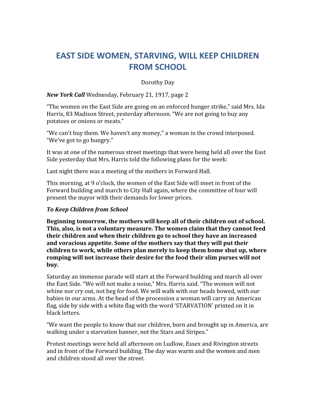 East Side Women, Starving, Will Keep Children from School