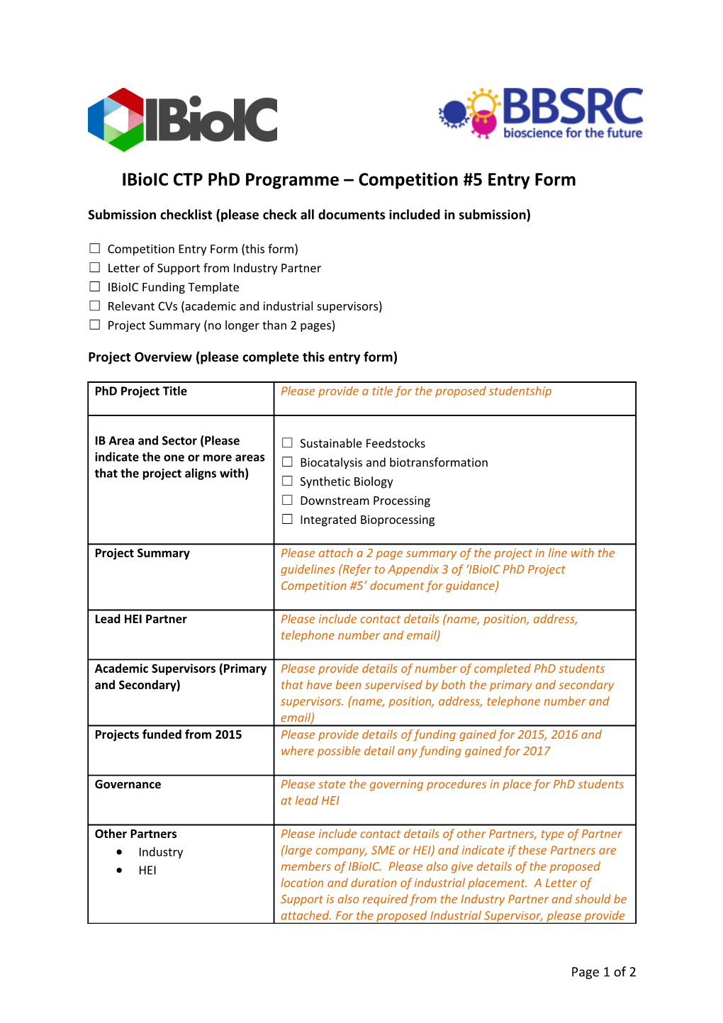 Ibioic CTP Phdprogramme Competition #5 Entry Form
