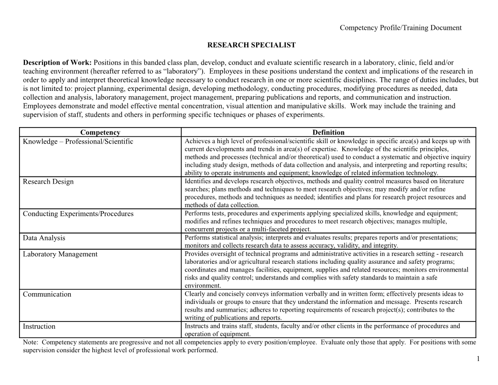 Competency Profile/Training Document
