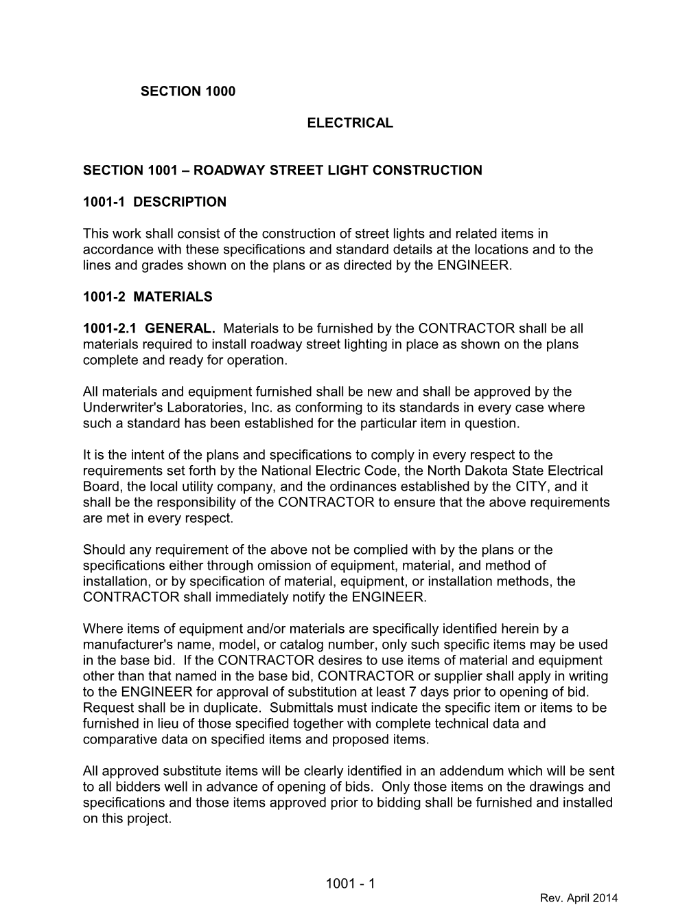 Section 1001 Roadway Street Light Construction