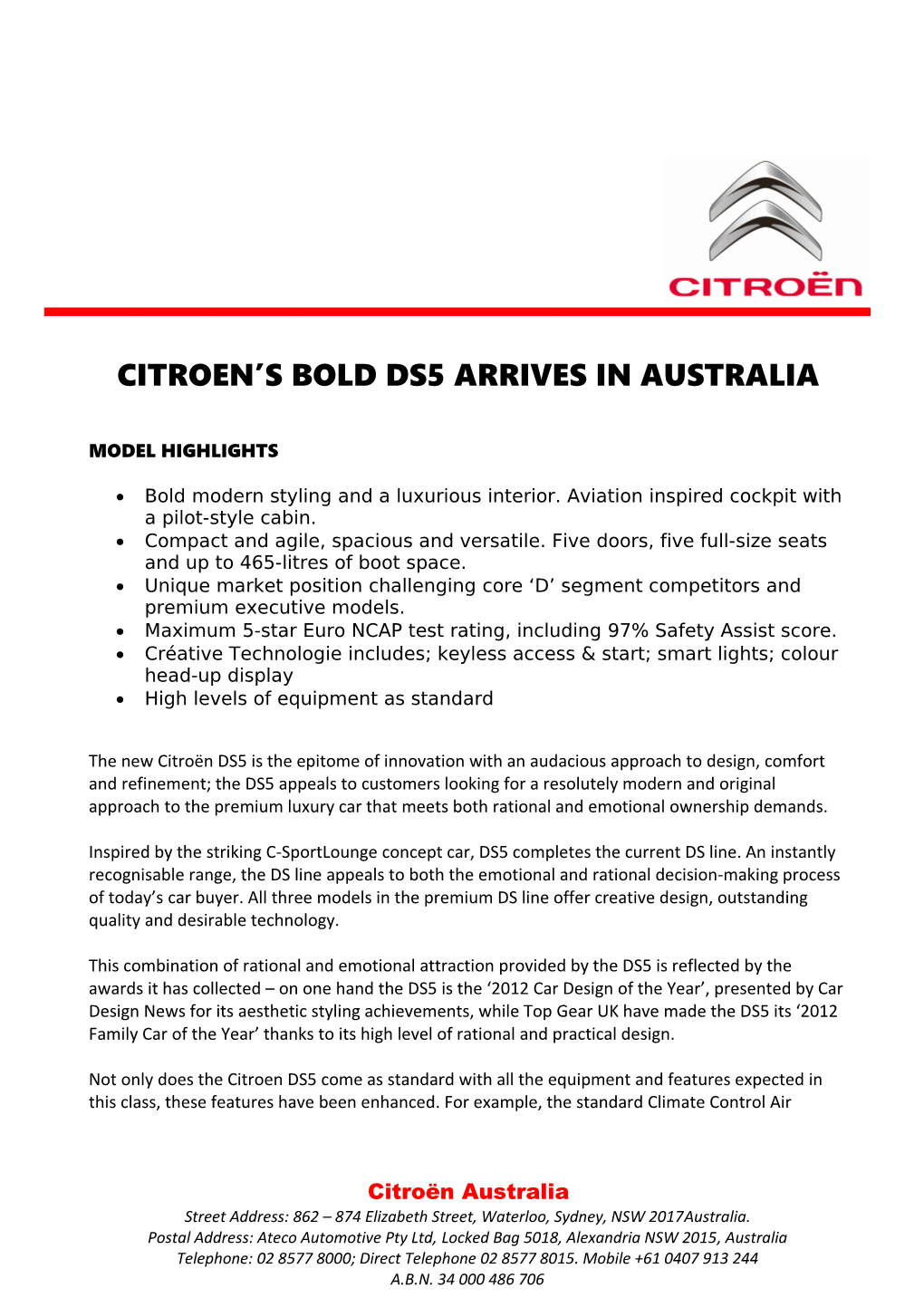 CITROEN S Boldds5arrives in AUSTRALIA