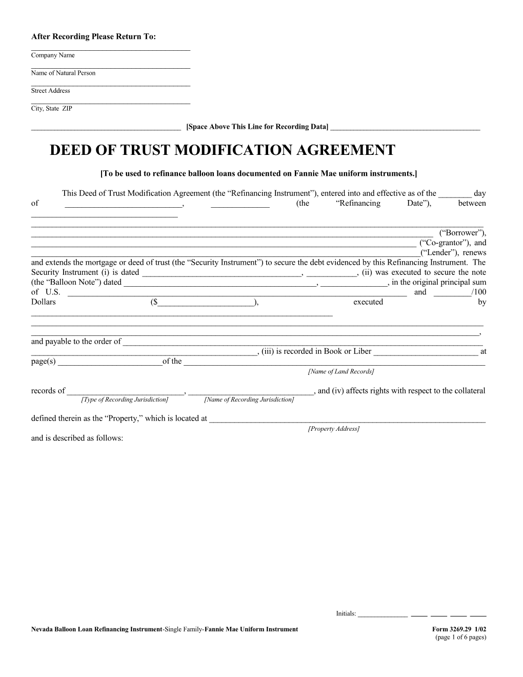 Nevada Balloon Loan Refinancing Instrument (Form 3269.29): Word
