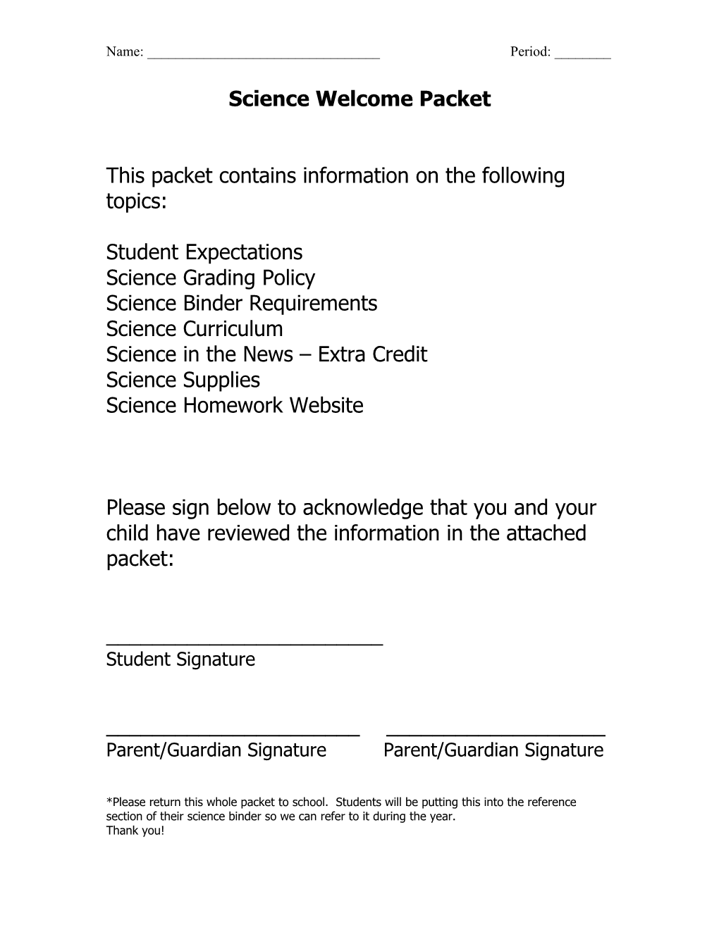 Science Welcome Packet