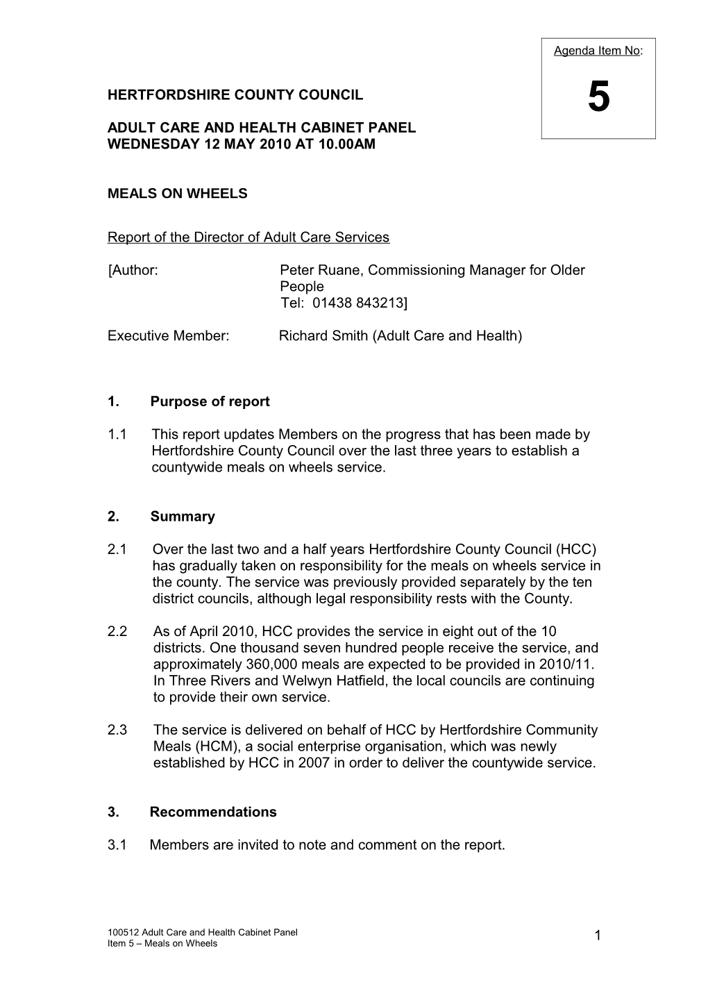 Adult Care and Health Cabinet Panel - Wednesday 12 May 2010 at 10.00Am Item 5 - Meals-On-Wheels