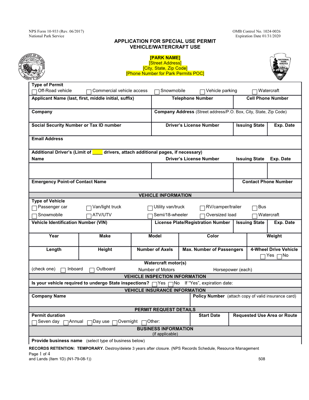 NPS Form 10-933 (Rev. 06/2017)OMB Control No. 1024-0026