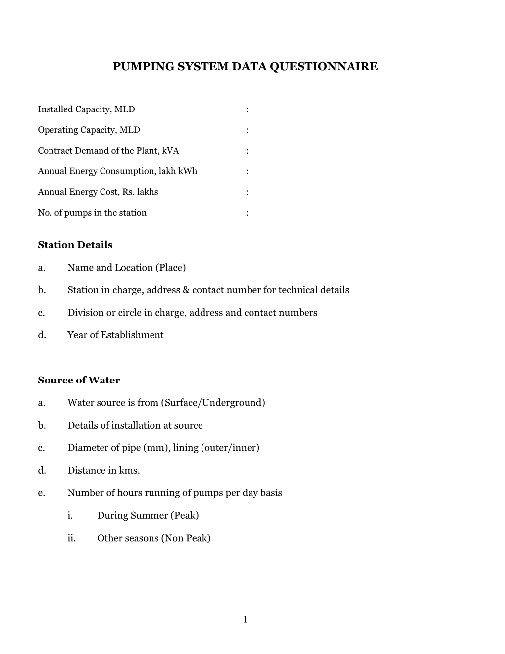 Pumping System Data Questionnaire